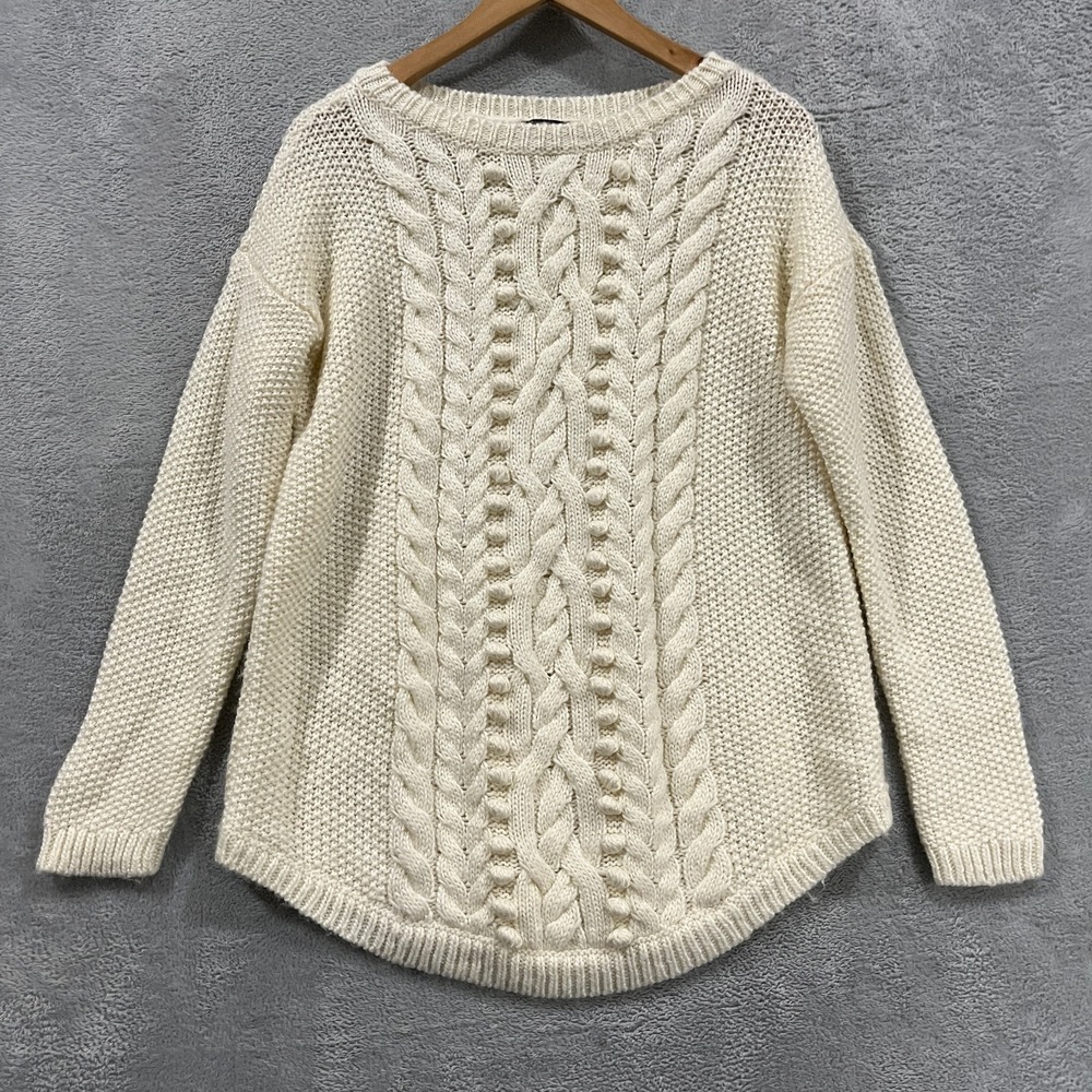 J Crew Sweater Womens Medium Cable Knit Ivory Wool Knit Fishermens‎ Pullover